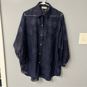 vintage artsy navy blue sheer celestial stars button down  sand dollars whimsy